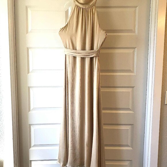 SACHIN & BABI Kayla Gown Tie Neck Crinkle Maxi Dress Champagne 8 MSRP $300 - Picture 5 of 12
